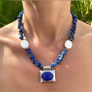 Vintage Lapis chips Sterling Silver pendant mother of Pearl Hematite necklace